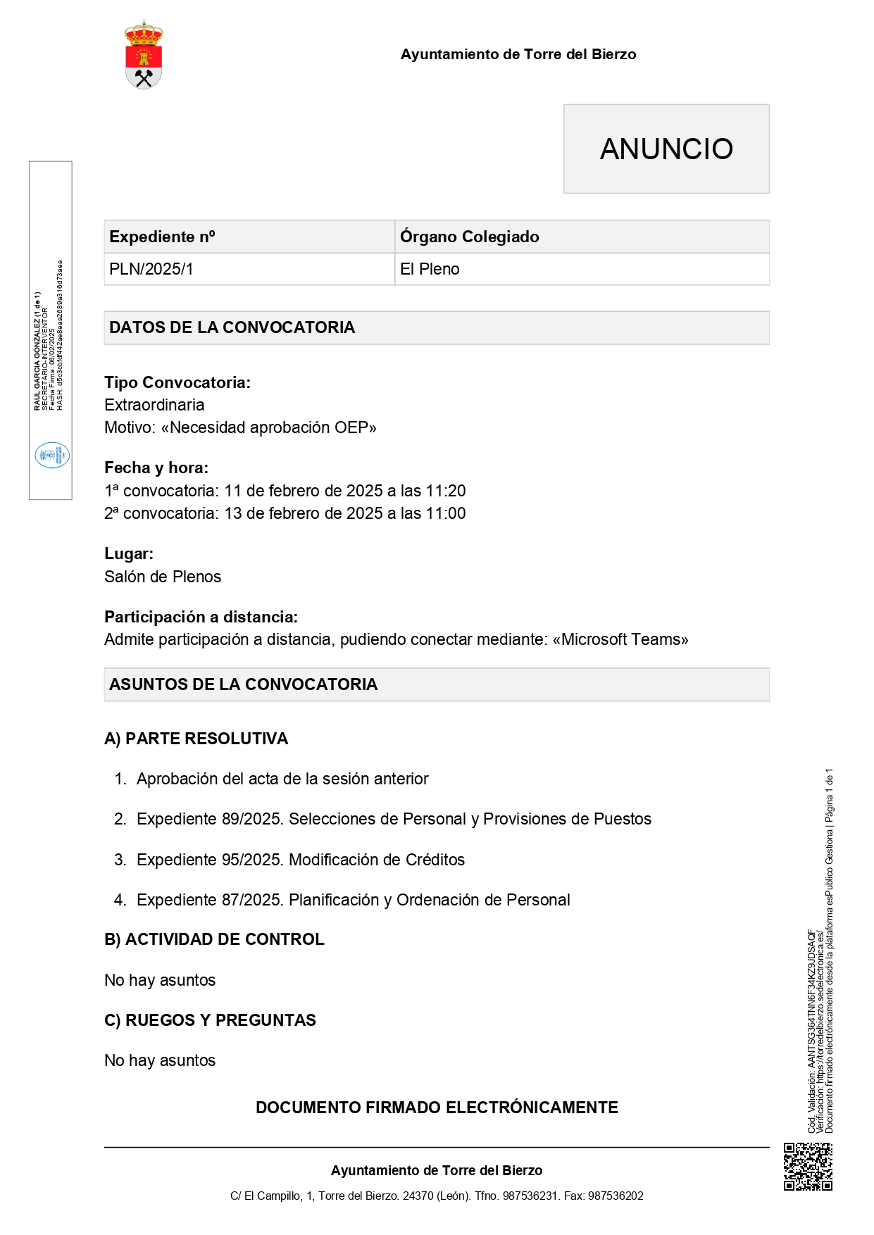 Convocatoria de pleno. Ayuntamiento de Torre del Bierzo