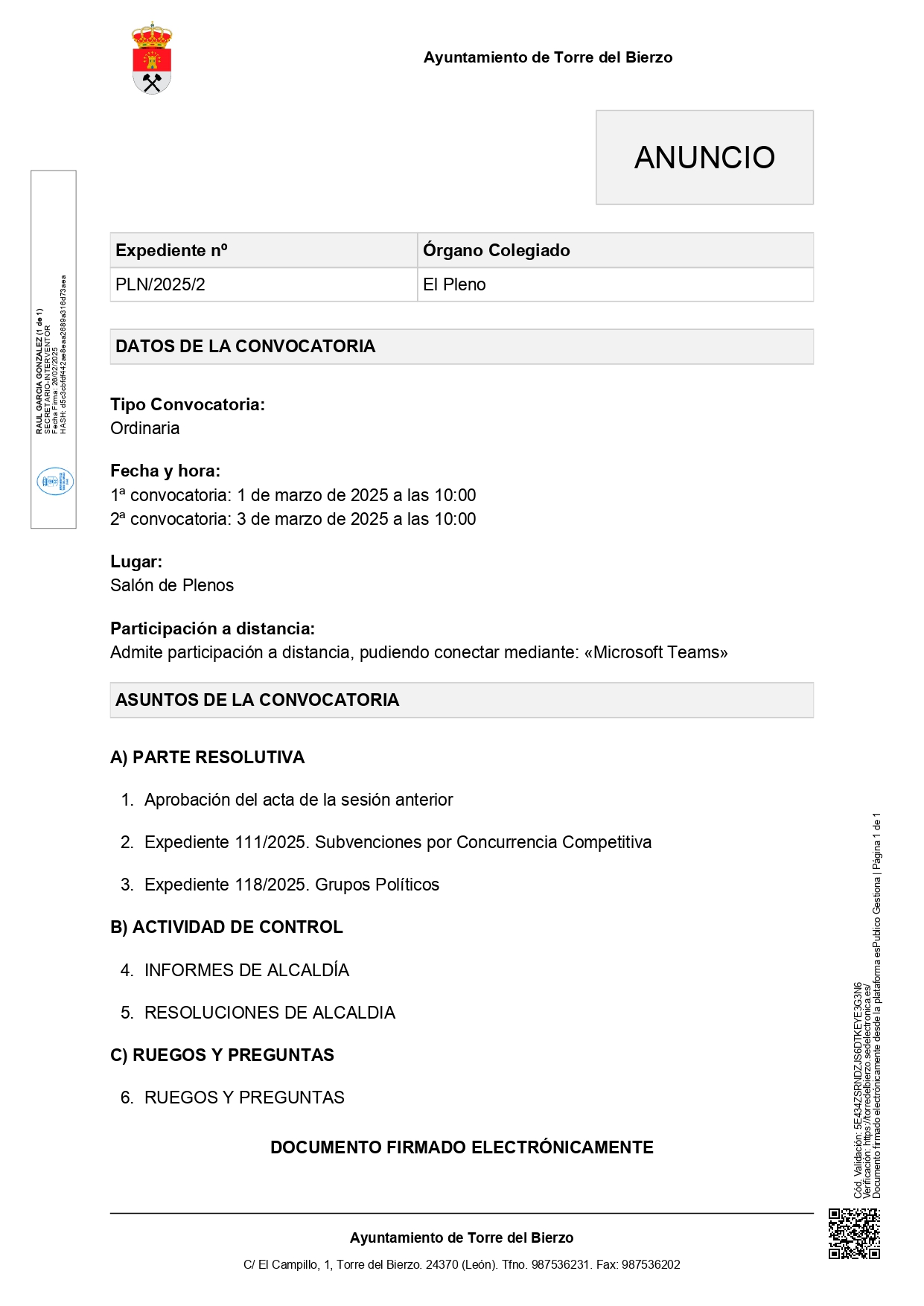 Convocatoria de pleno. Ayuntamiento Torre del Bierzo