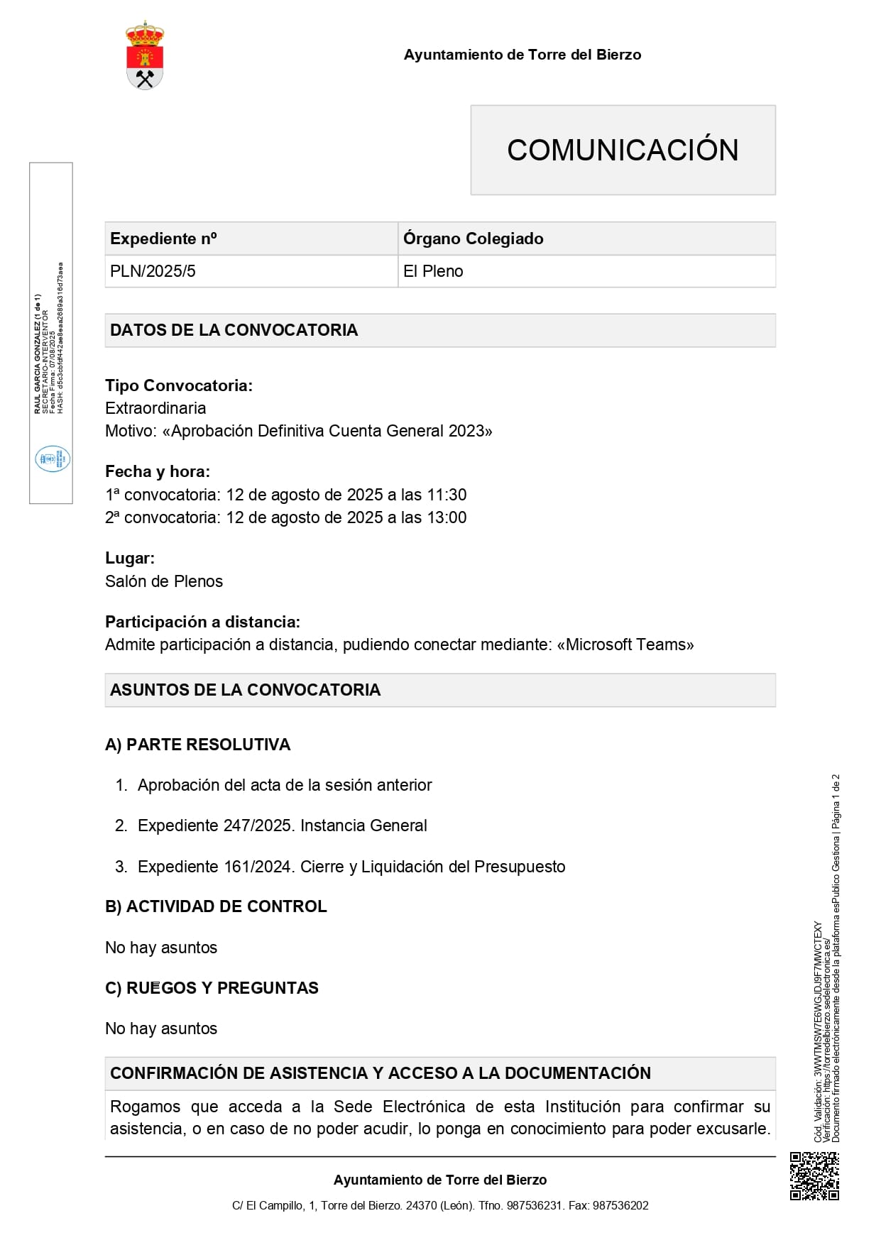 Convocatoria de pleno 12 de agosto