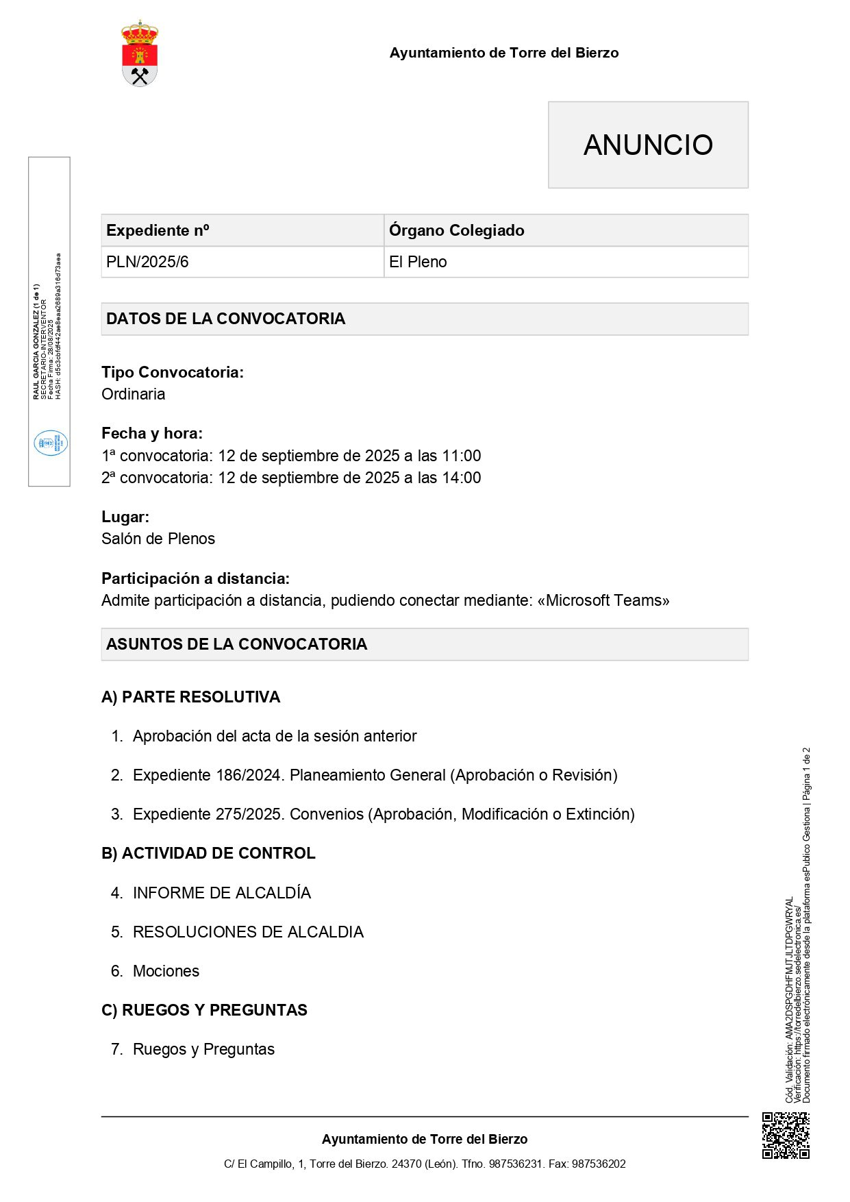 Convocatoria pleno 12 de septiembre